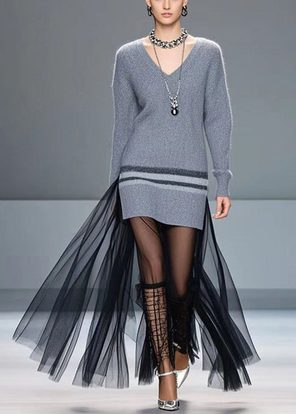 Grey V Neck Patchwork Tulle Knitted Dress Winter