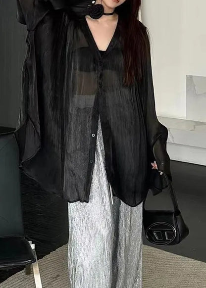 Natural Black V Neck Tie Waist Shirts Long Sleeve