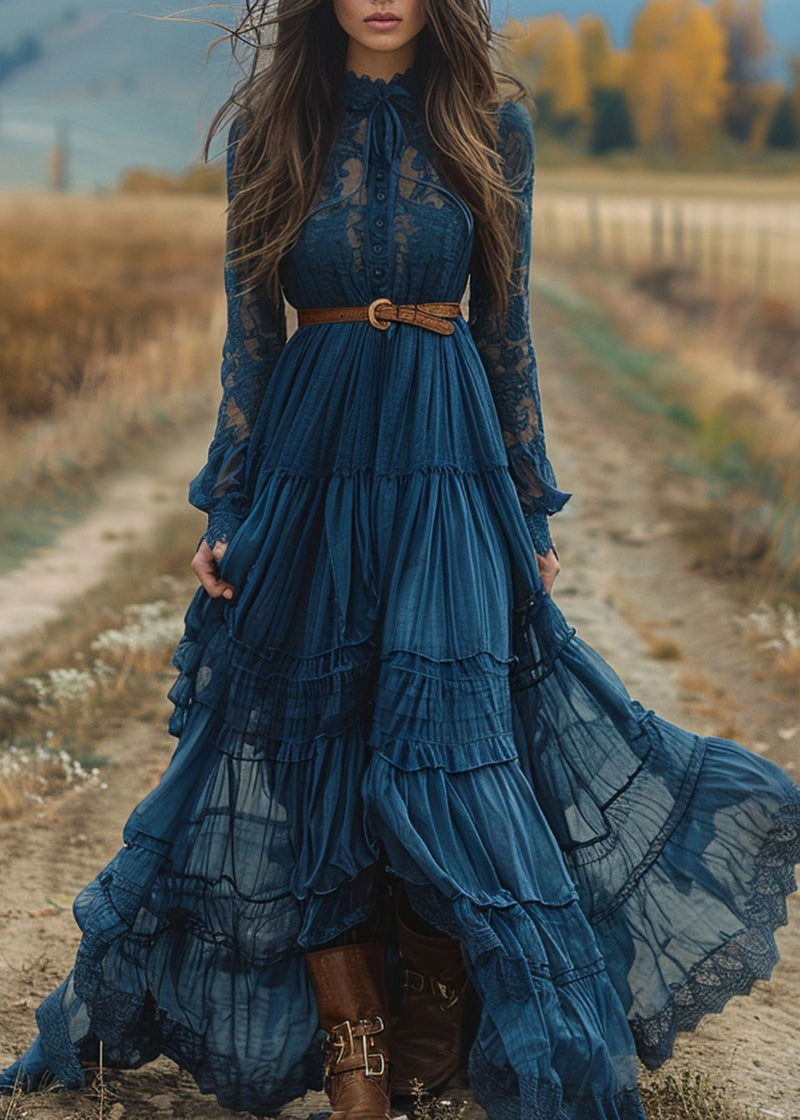 Blue Lace Ruffled Patchwork Cotton Robe Dresses Spring