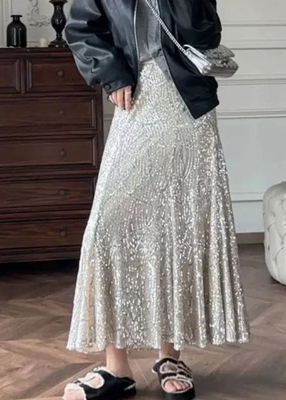 French Silver High Waist Sequins Maxi Skirts Summer