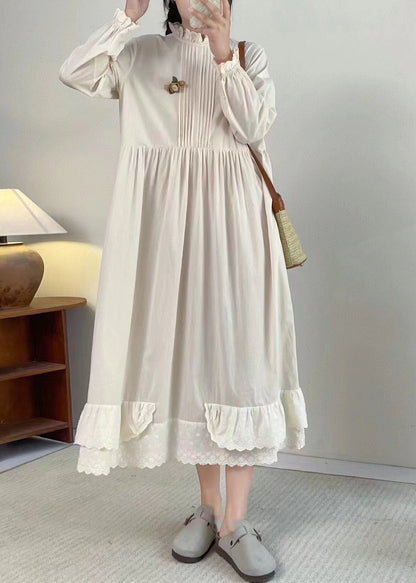 Apricot Stand Collar Ruffled Patchwork Wrinkled Long Dress Long Sleeve