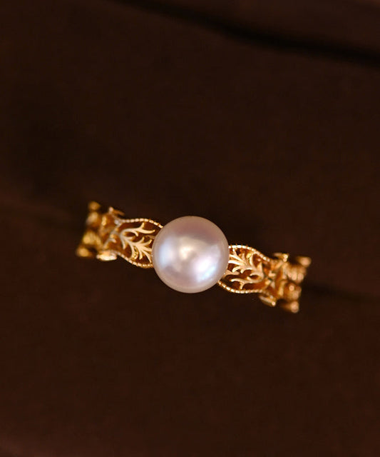 Pearl Hollow Out Adjustable Gold Plated Rings