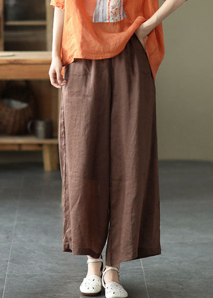 Chocolate Elastic Waist Pockets Linen Wide Leg Pants Summer
