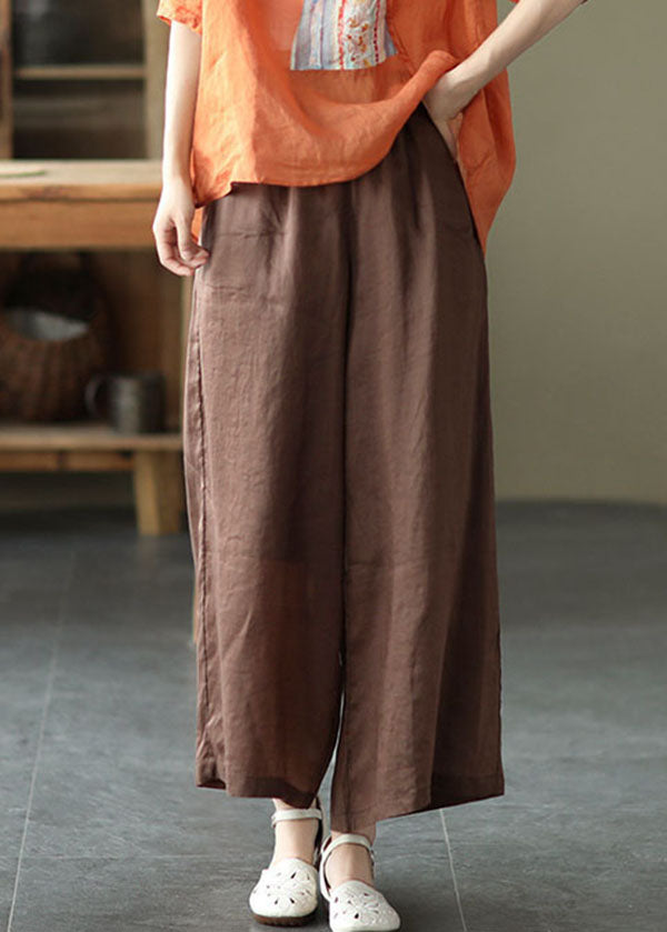 Chocolate Elastic Waist Pockets Linen Wide Leg Pants Summer
