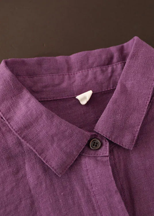 Purple Button Peter Pan Collar Linen Shirt Top Long Sleeve