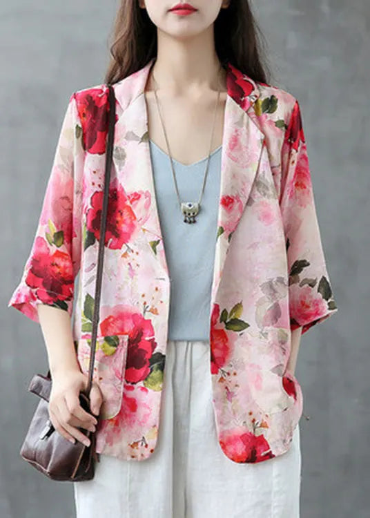 Red Peter Pan Collar Print Button Linen Coats Summer