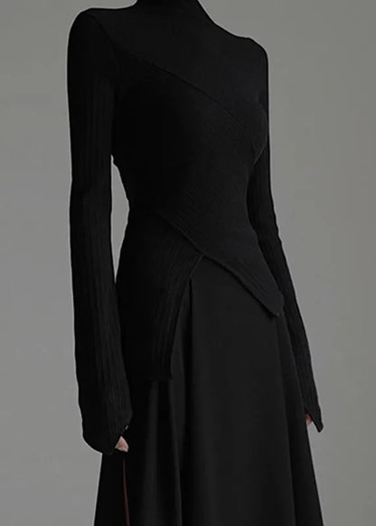 Handmade Black Turtleneck Wrinkled Knit Top Spring