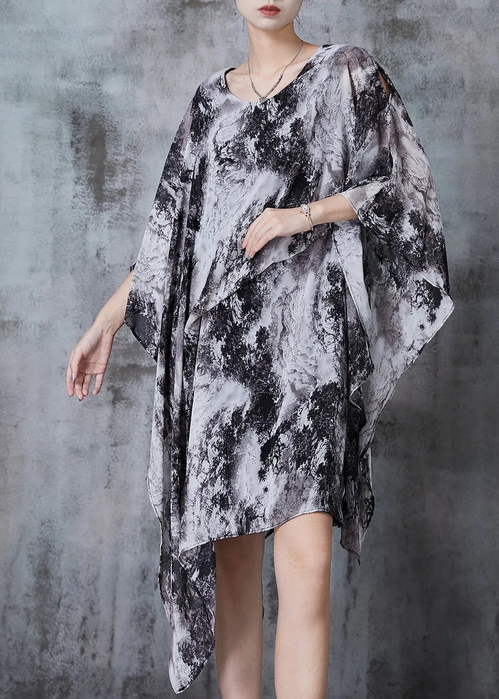 Organic Grey Asymmetrical Ink Wash Painting Chiffon Dress Summer