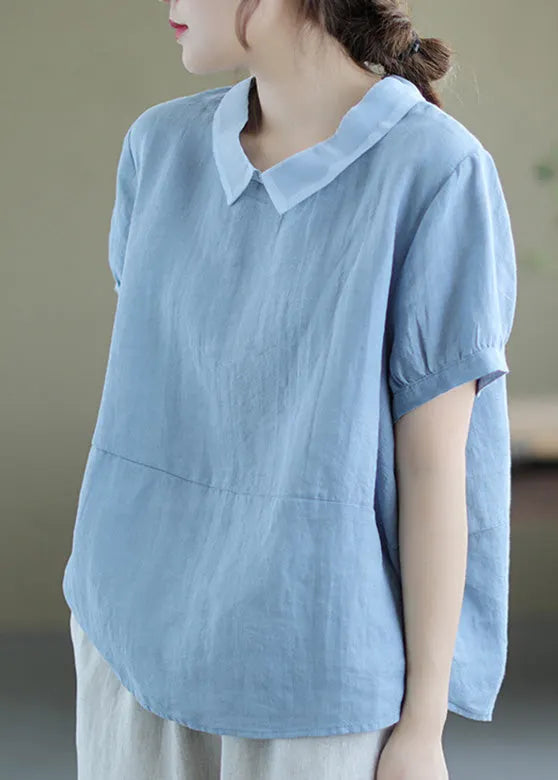 Handmade Blue Patchwork Ramie T Shirt Summer