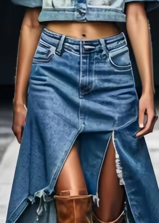 Blue Asymmetrical Side Open Denim Skirts Summer