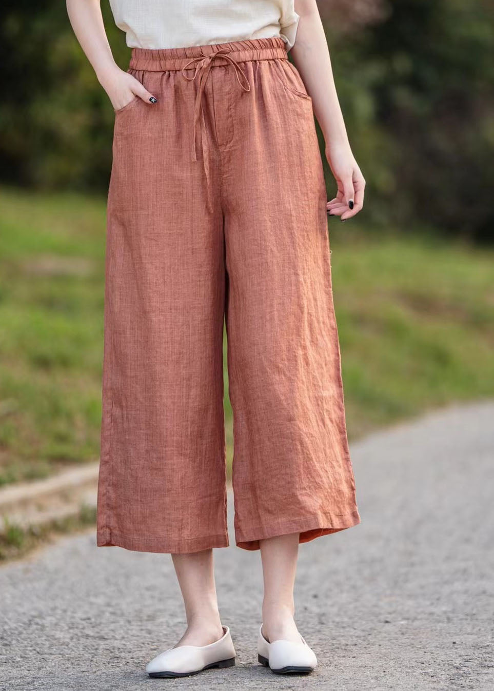 Orange Elastic Waist Linen Crop Pants Summer