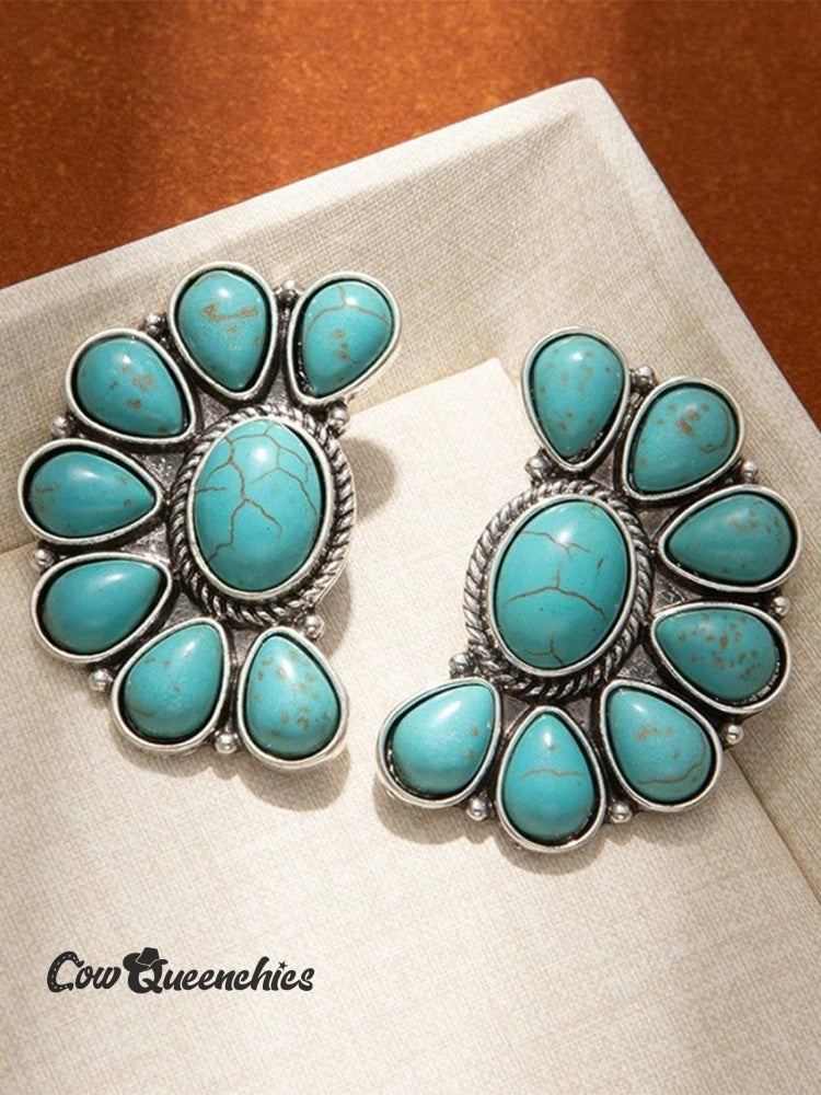 Semi-circular Turquoise Flowers Earrings