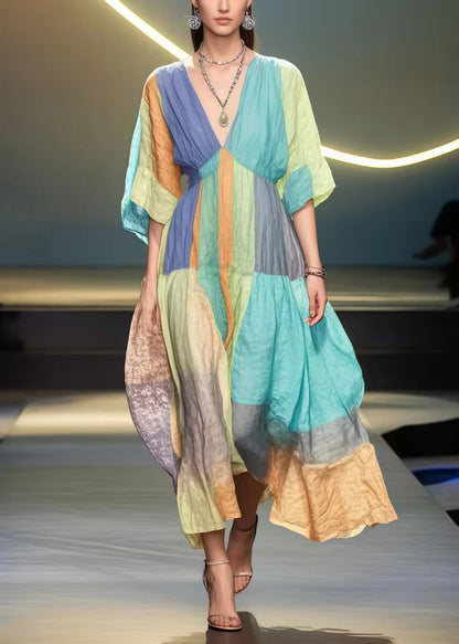 French Rainbow V Neck Patchwork Cotton Holiday Dress Summer