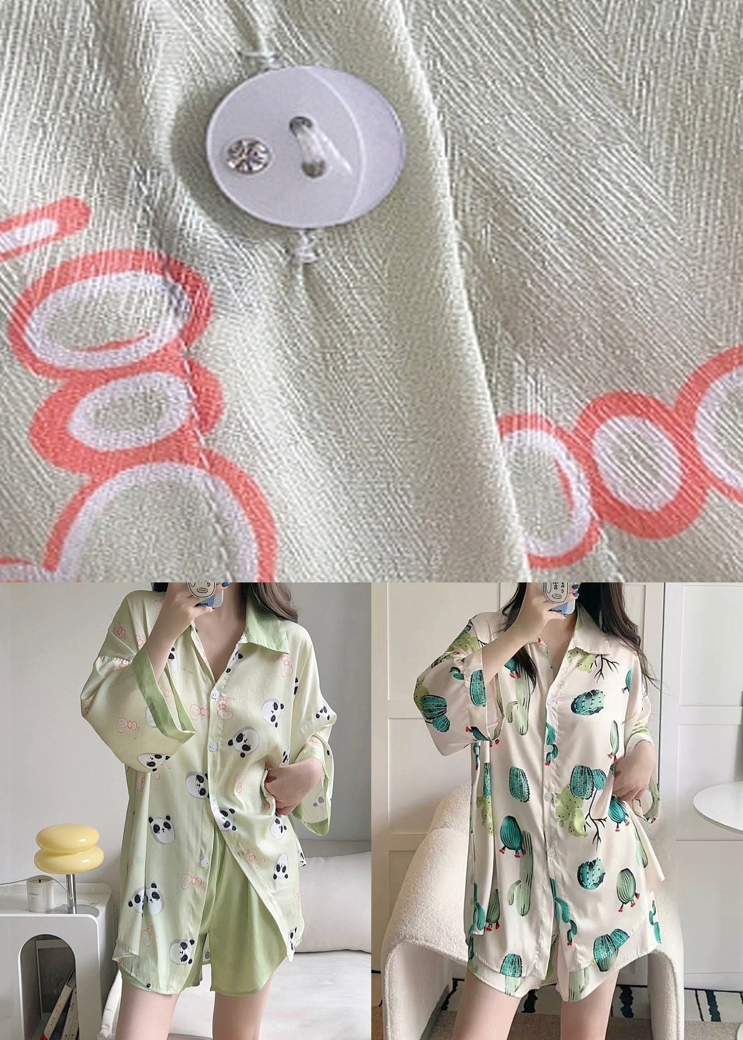 Beige Button Print Ice Silk Pajamas Two-piece Set Peter Pan Collar Spring