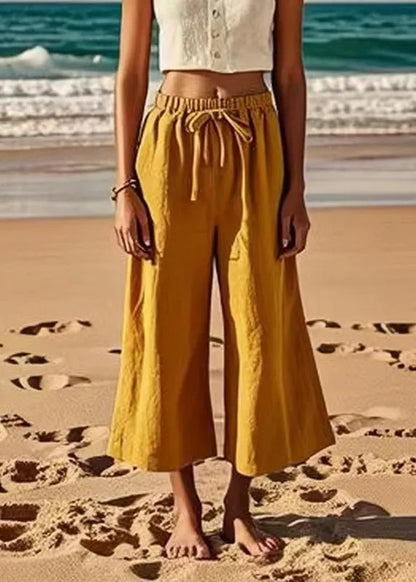 Loose Earth Yellow Tie Waist Wide Leg Pants Summer