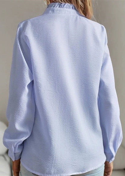 Blue Shirt Ruffled Patchwork Puff Sleeve