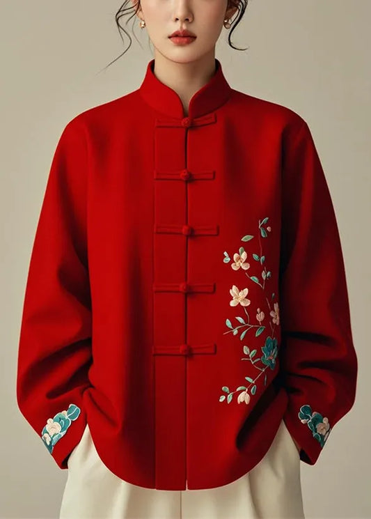 Red Stand Collar Print Cotton Coats Fall