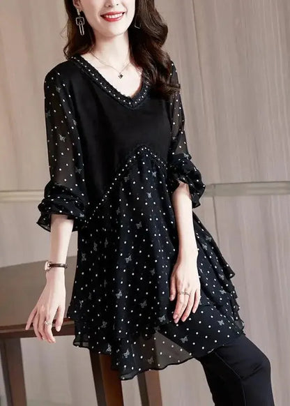 Stylish Black V Neck Dot Print Patchwork Chiffon Shirt Flare Sleeve
