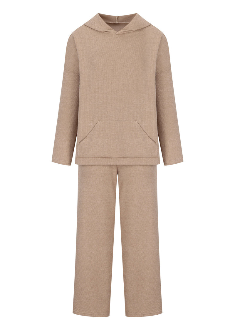French Apricot Hooded Pullover Knit Two Pieces Set Winter
