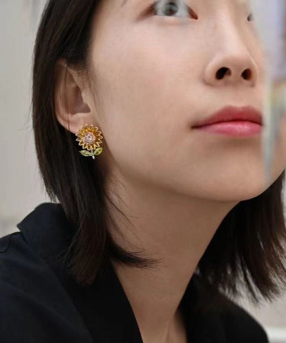 New Yellow Sterling Silver Overgild Zircon Enamel Sunflower Stud Earrings