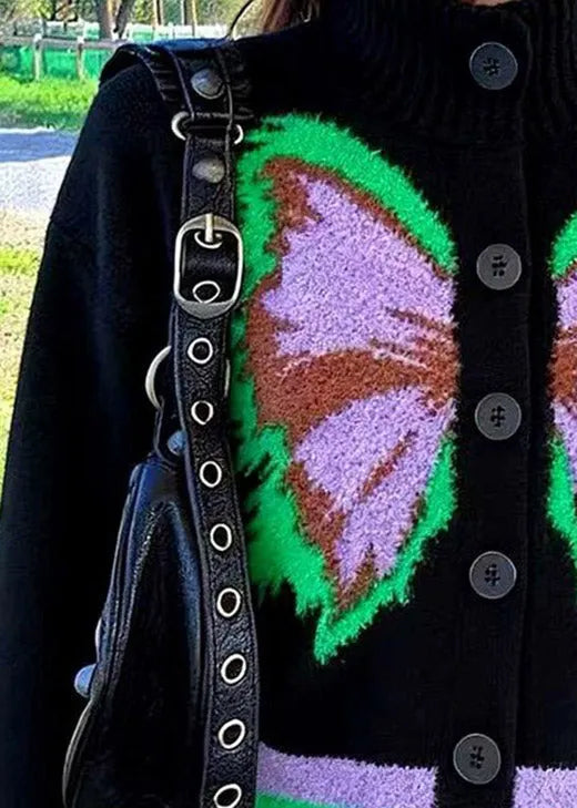 Modern Black Button Butterfly Wool Knit Cardigans Spring
