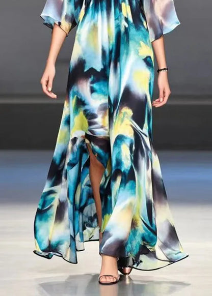 V Neck Tie Dye Side Open Chiffon Party Dresses Summer