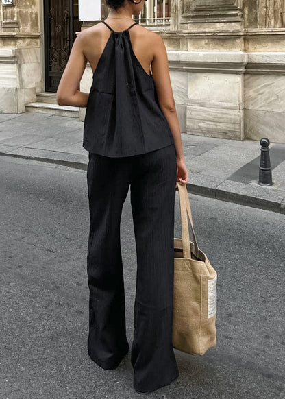 Original Design Black Lace Up Tops and Pants Two Pieces Set Summer