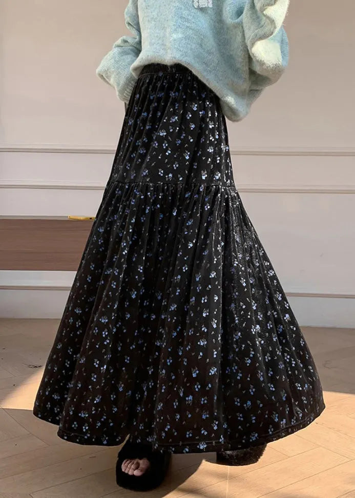 Blue Print Elastic Waist Velvet Winter Skirts Wrinkled