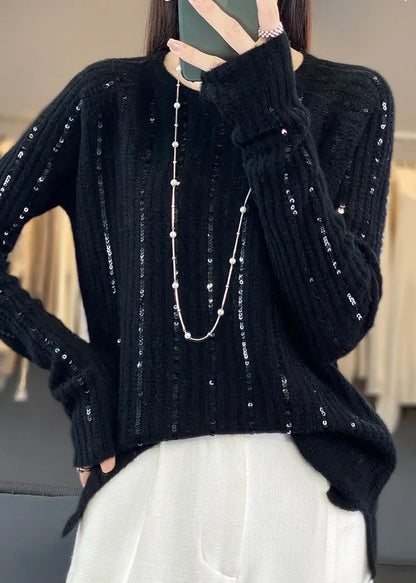 Black Sequins Patchwork Knit Short Sweater
