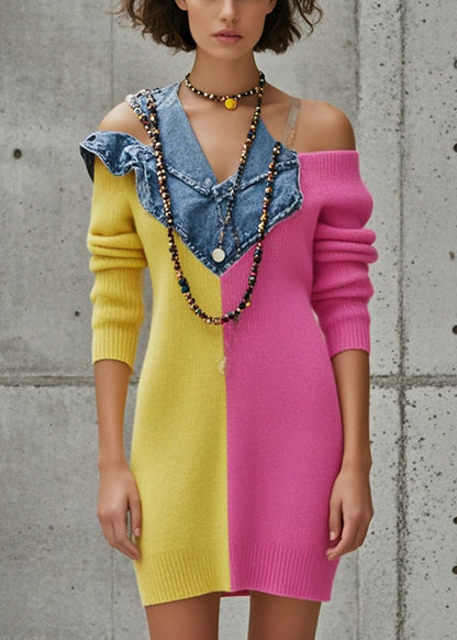 Cold Shoulder Asymmetrical Patchwork Denim Sweater Dress Fall