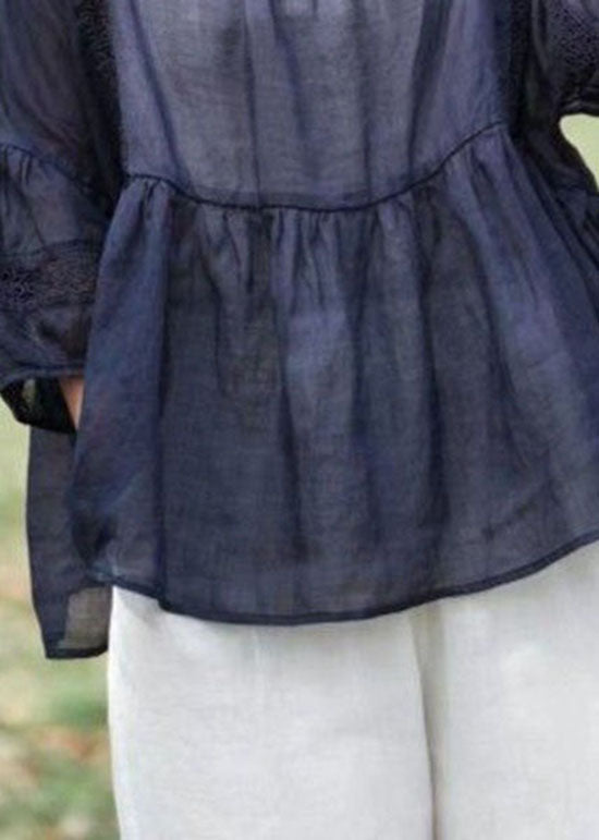 Navy Hollow Out Embroidered Patchwork Linen Tops Summer