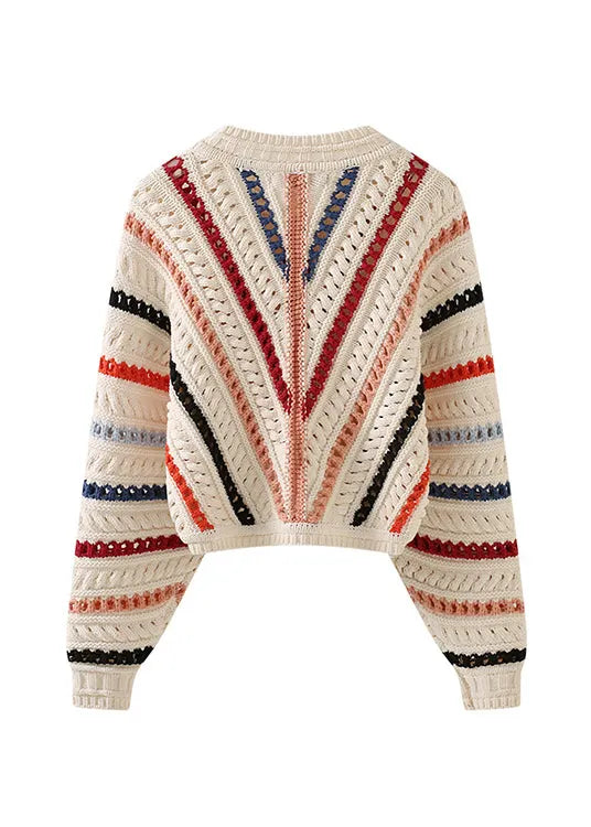 Original Design O-neck Striped Hollow Out Knit Sweaters Spring