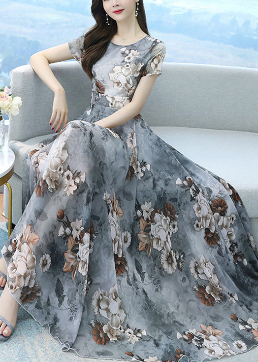 White Print Exra Large Hem Chiffon Vacation Dresses Summer