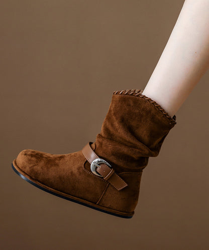 New Brown Suede Wrinkled Splicing Boots