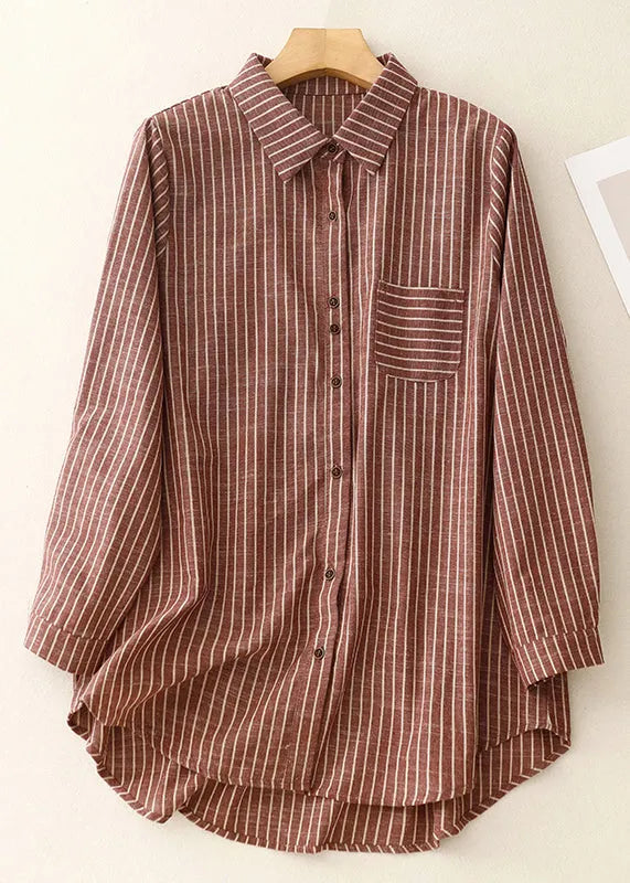 Art Red Peter Pan Collar Striped Cotton Blouses Spring