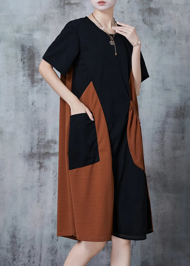Black Asymmetrical Patchwork Pocket Cotton Dresses Summer