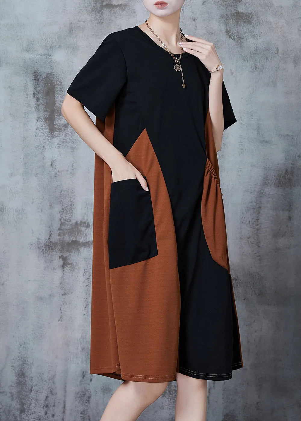 Black Asymmetrical Patchwork Pocket Cotton Dresses Summer