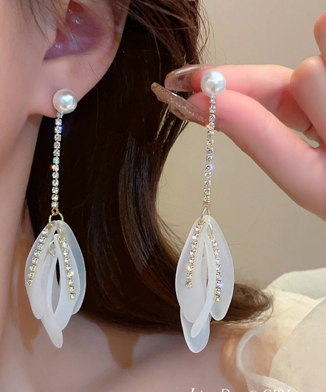 White Alloy Zircon Pearl Petal Tassel Drop Earrings