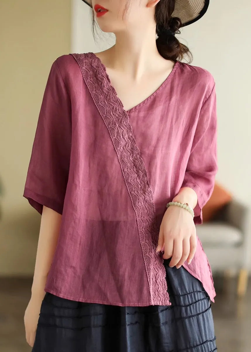 White V Neck Lace Patchwork T Shirt Short Sleeve