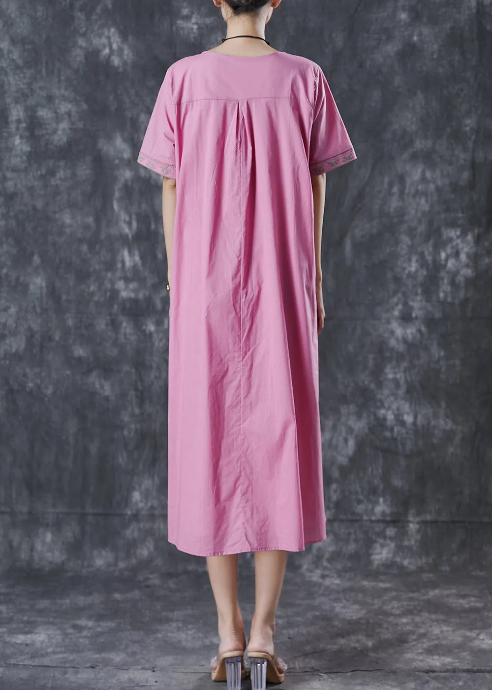 Pink Embroidered Cotton Long Dress Summer