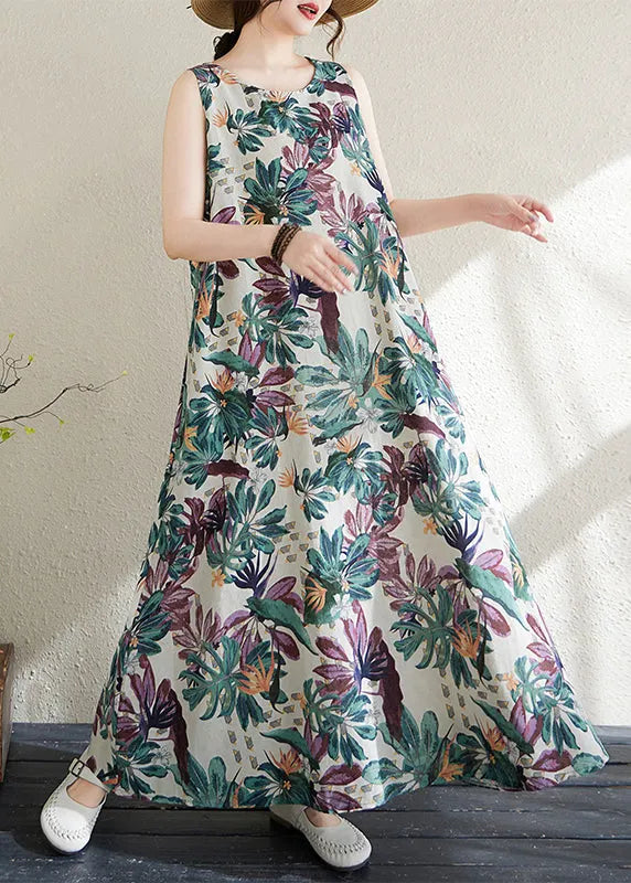 Print Exra Large Hem Cotton Loose Dress Sleeveless