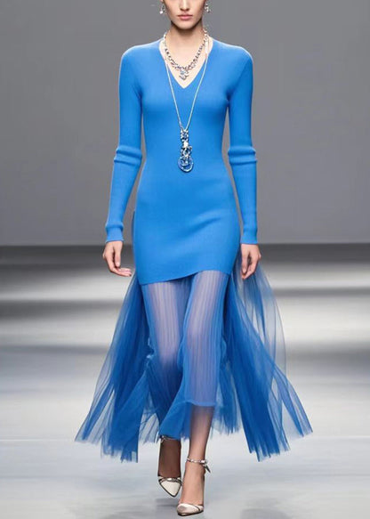 Blue V Neck Patchwork Tulle Knitted Dress Fall