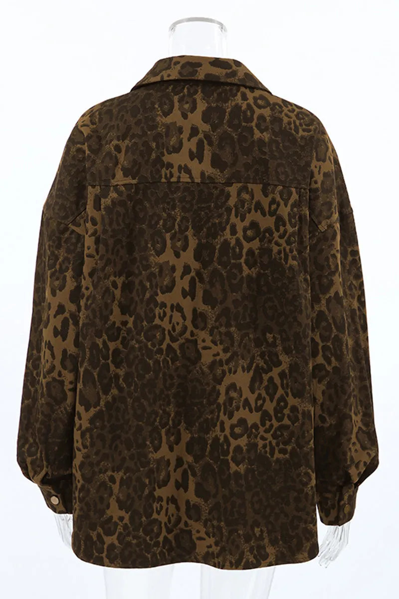 Street Leopard Print Buttons Turndown Collar Tops