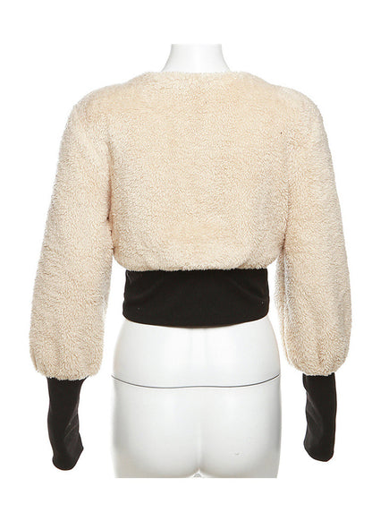 Apricot Zip Up Patchwork Faux Fur Jacket Fall