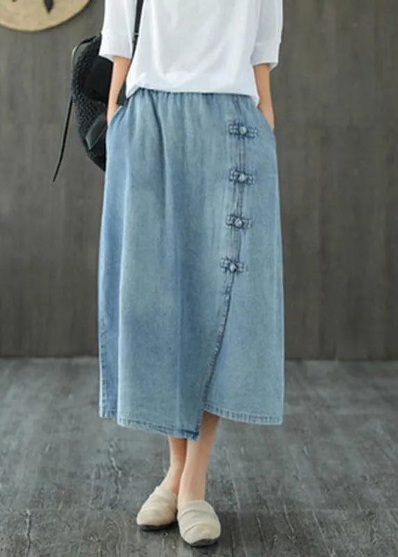 Light Blue Asymmetrical Design Button a Line Pockets Fall Skirts