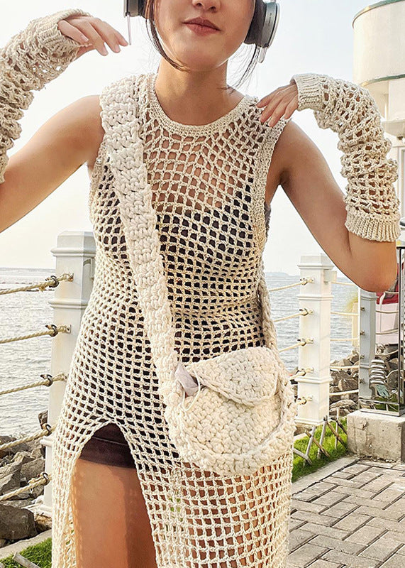 Beige Hollow Out Side Open Knit Dress Summer