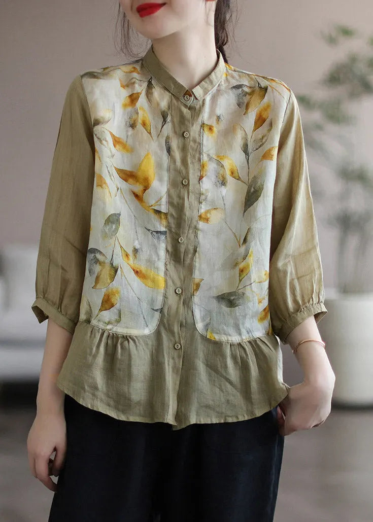 Khaki Peter Pan Collar Print Linen Shirt Long Sleeve