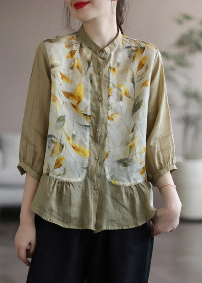 Khaki Peter Pan Collar Print Linen Shirt Long Sleeve