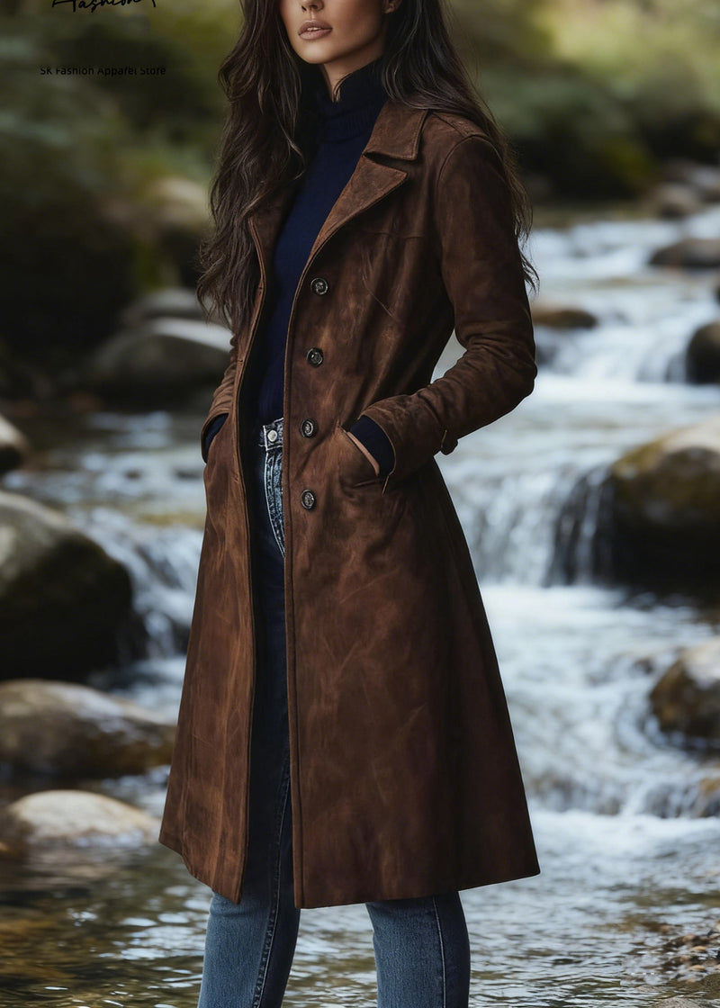 Dark Brown Peter Pan Collar Pockets Faux Suede Coat Spring