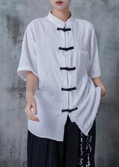 White Jacquard Chinese Button Cotton Shirts Summer